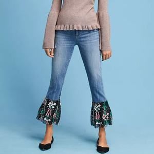 Anthropologie Pilcro Mid Rise Slim Boyfriend Jeans Floral Lace Flounce Hem 26